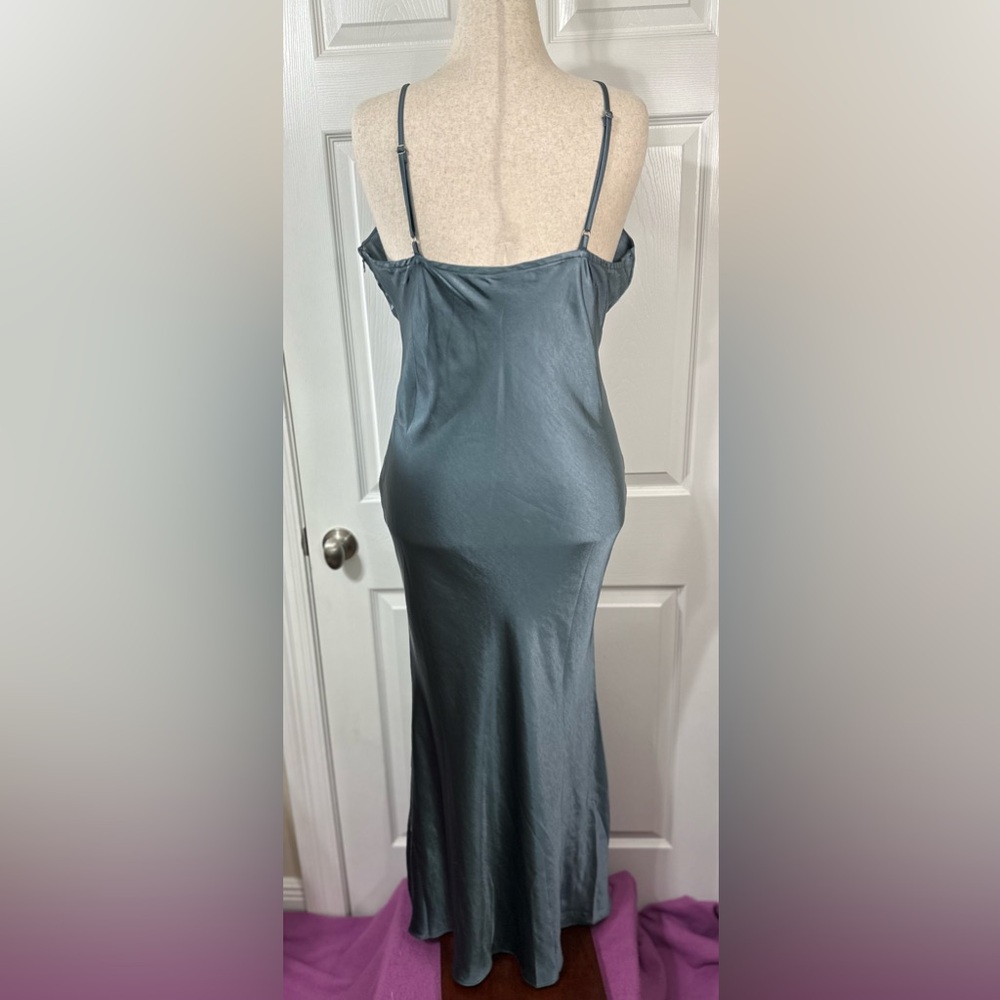 Dress Forum Gray Blue Satin Maxi Dress Silk spaghetti straps zip up faux button - Picture 11 of 16